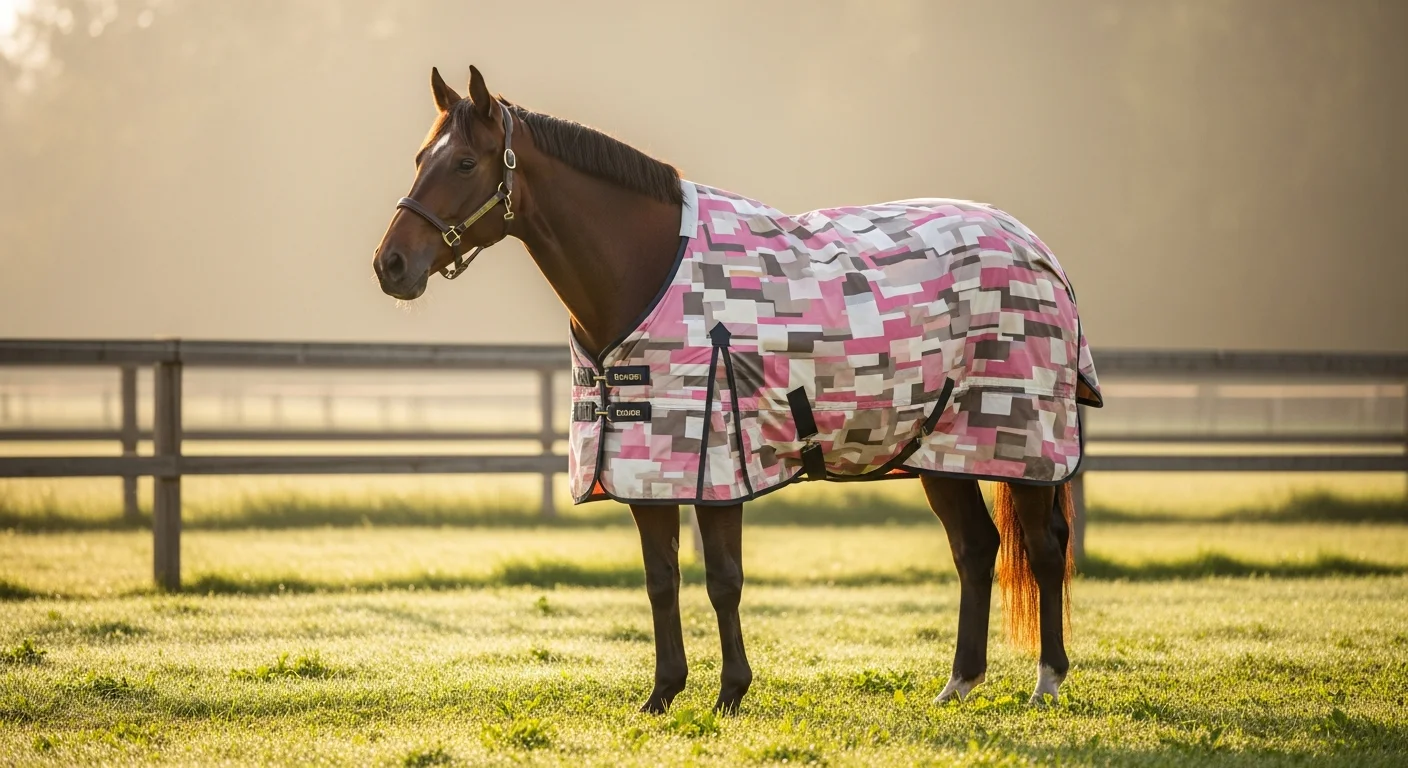 Pferd mit sauberer Regendecke auf einer Koppel im Morgenlicht