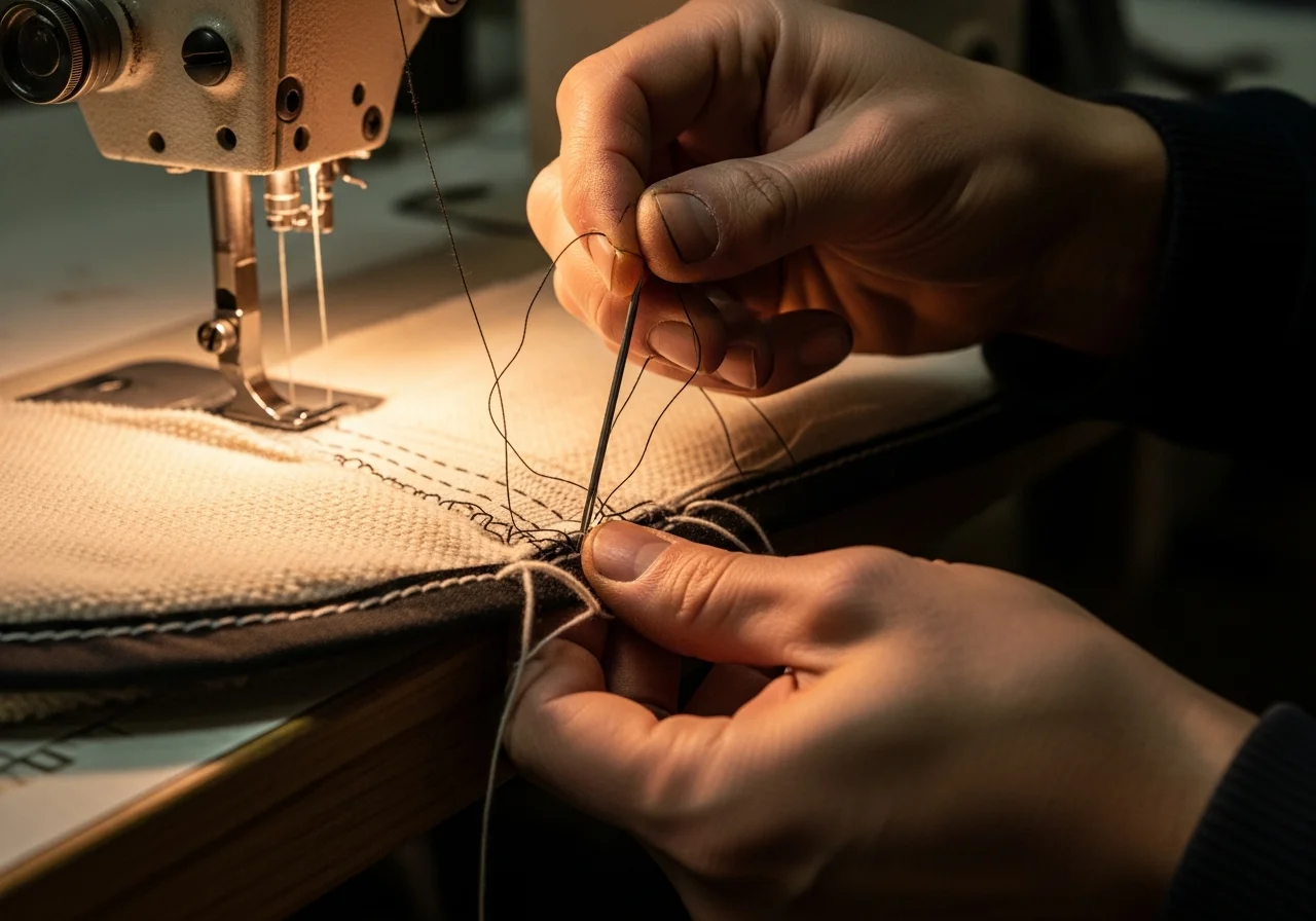 Hände reparieren eine Naht an einer Pferdedecke